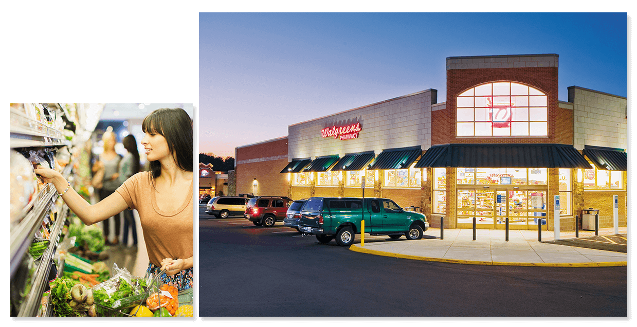 Montage of grocery store and pharmacy in Van Metre commercial properties location.