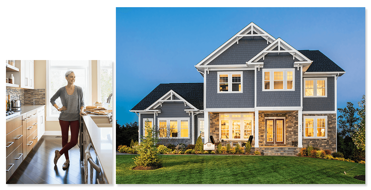 Montage of woman in kitchen and new home.